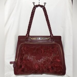 Valentino Garavani Demetra Burgundy Leather Floral Cutout Braided Strap Tote Bag